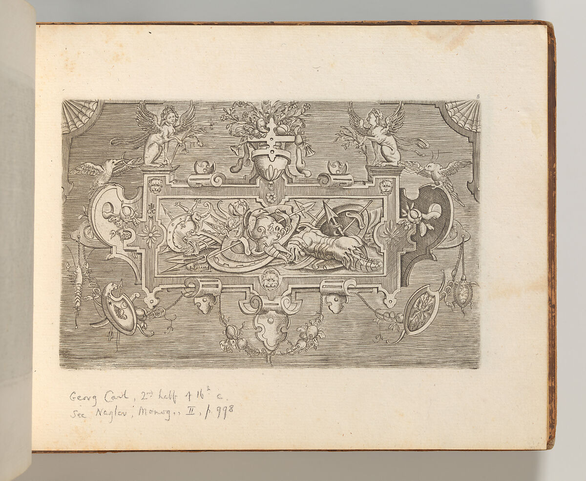 Targhe ed altri ornati di varie e capricciose invenzioni (Cartouches and other ornaments of various and capricious invention, page 5), After Jacob Floris (Central European, 1524–1581), Etching and engraving 
