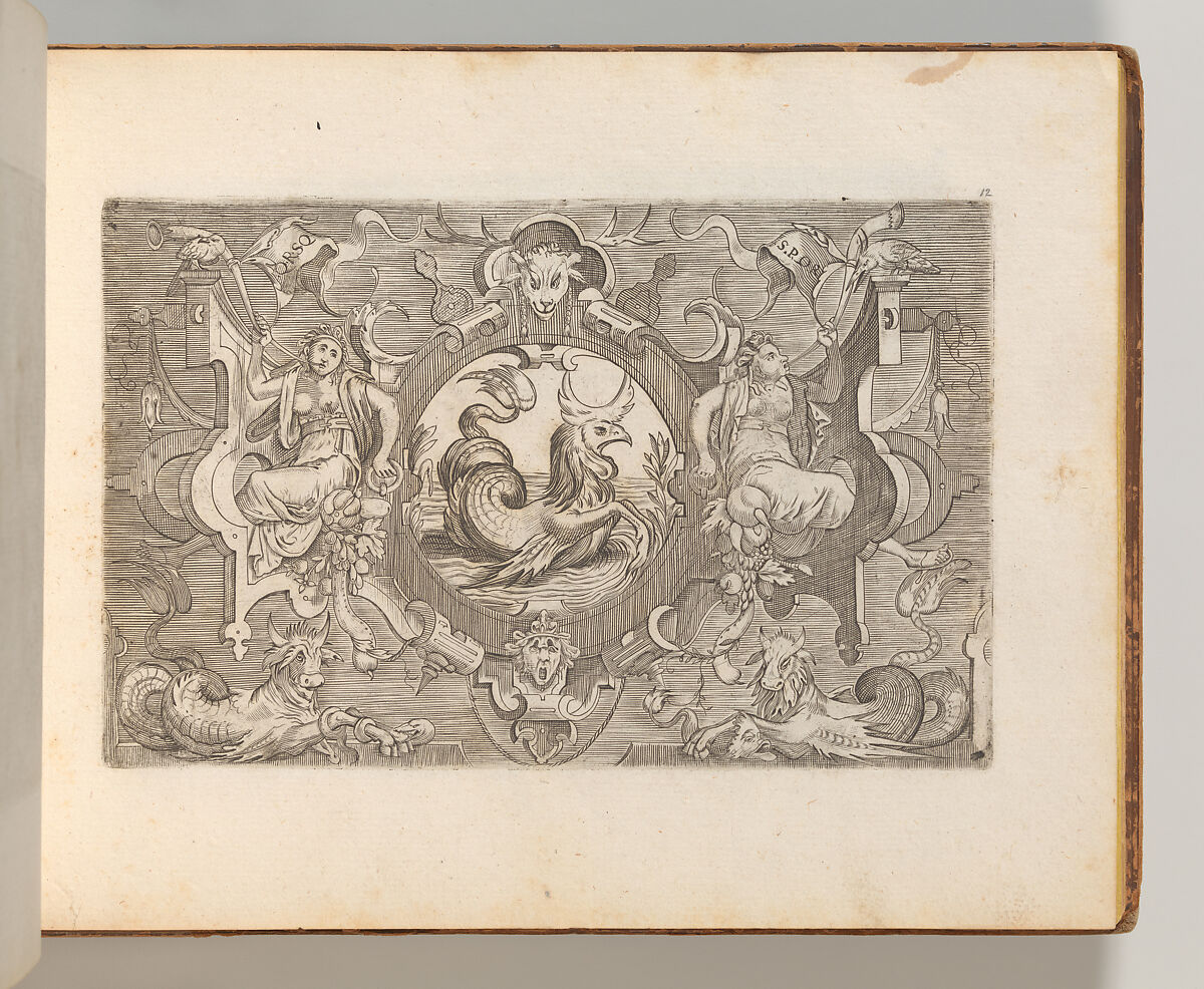 Targhe ed altri ornati di varie e capricciose invenzioni (Cartouches and other ornaments of various and capricious invention, page 12), After Jacob Floris (Central European, 1524–1581), Etching and engraving 