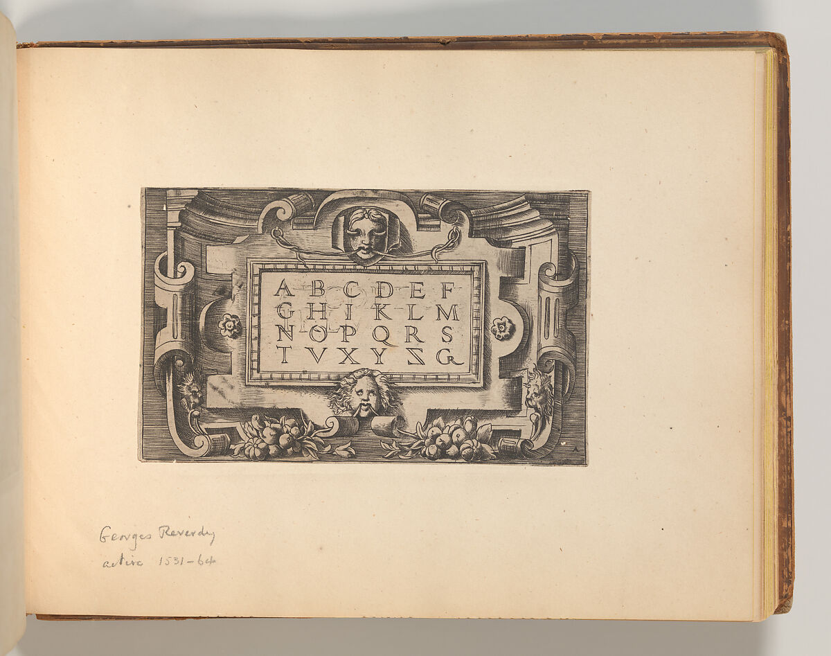 Cartouche with an Alphabet, in: Targhe ed altri ornati di varie e capricciose invenzioni (Cartouches and other ornaments of various and capricious invention, page 41), Georges Reverdy (French, active Lyon, 1529–57), Engraving 