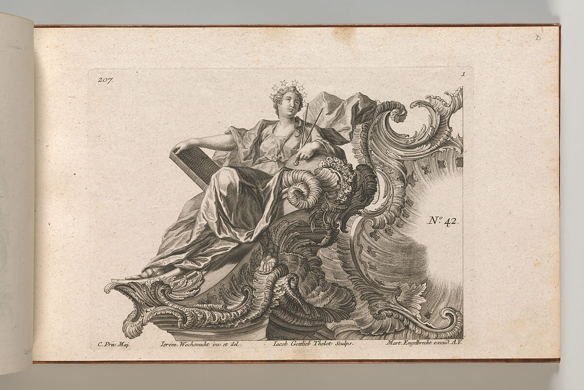 Design for a Rocaille Cartouche with the Figure of Prudentia, Plate 1 from an untitled series with architectural cartouches and allegorical figures, Jacob Gottlieb Thelot (German, Augsburg 1708–1760 Augsburg), Etching 
