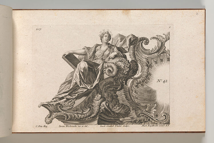 Design for a Rocaille Cartouche with the Figure of Prudentia, Plate 1 from an untitled series with architectural cartouches and allegorical figures