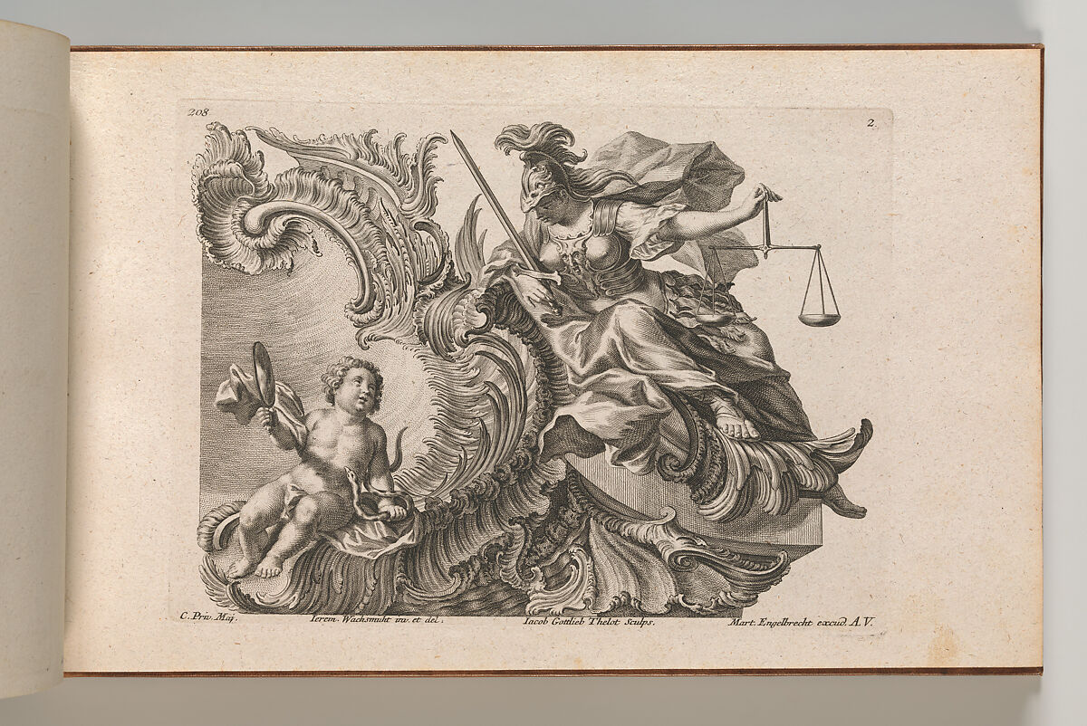 Design for a Rocaille Cartouche with the Figure of Justitia, Plate 2 from an untitled series with architectural cartouches and allegorical figures, Jacob Gottlieb Thelot (German, Augsburg 1708–1760 Augsburg), Etching 