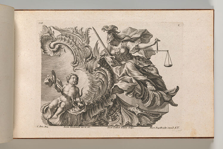 Design for a Rocaille Cartouche with the Figure of Justitia, Plate 2 from an untitled series with architectural cartouches and allegorical figures