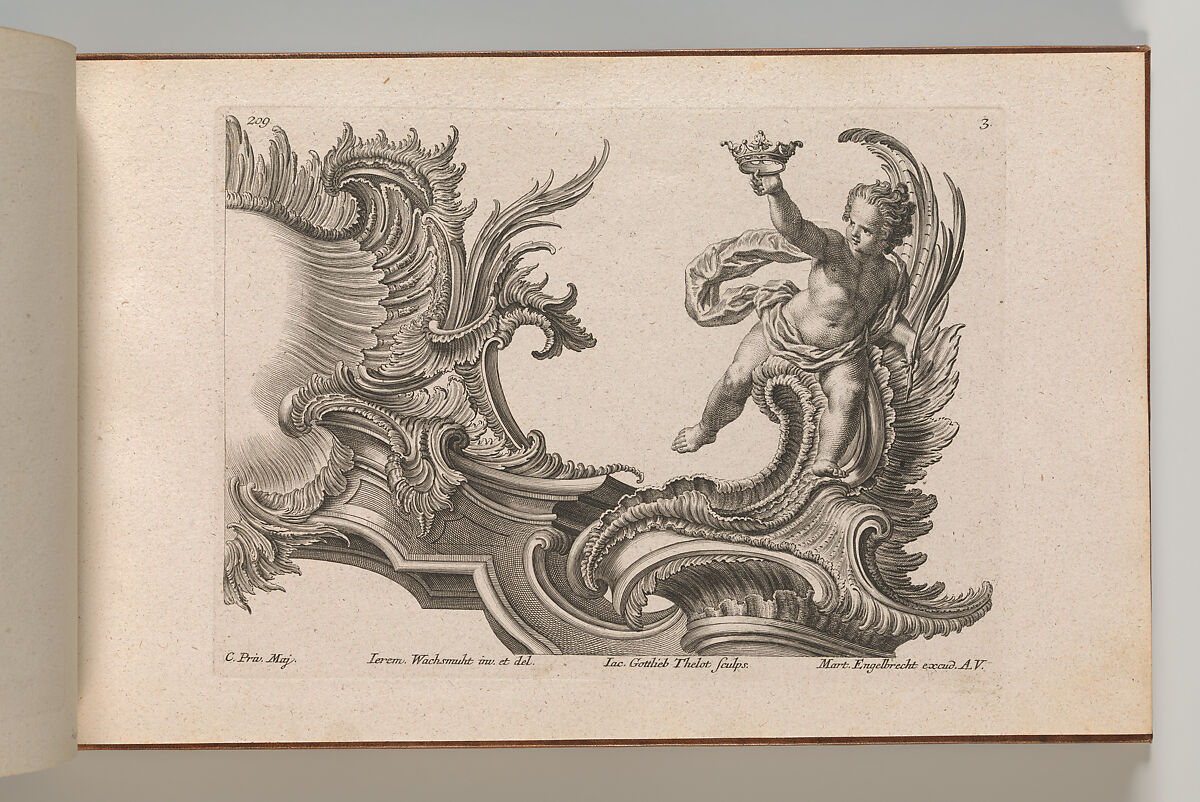 Design for a Rocaille Cartouche with the Figure of a Putto, Plate 3 from an untitled series with architectural cartouches and allegorical figures, Jacob Gottlieb Thelot (German, Augsburg 1708–1760 Augsburg), Etching 