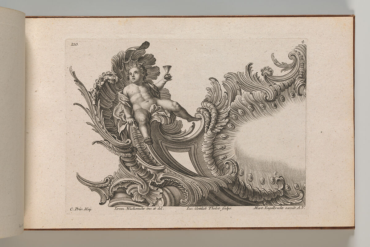 Design for a Rocaille Cartouche with the Figure of Putto holding up a Cup, Plate 4 from an untitled series with architectural cartouches and allegorical figures, Jacob Gottlieb Thelot (German, Augsburg 1708–1760 Augsburg), Etching 