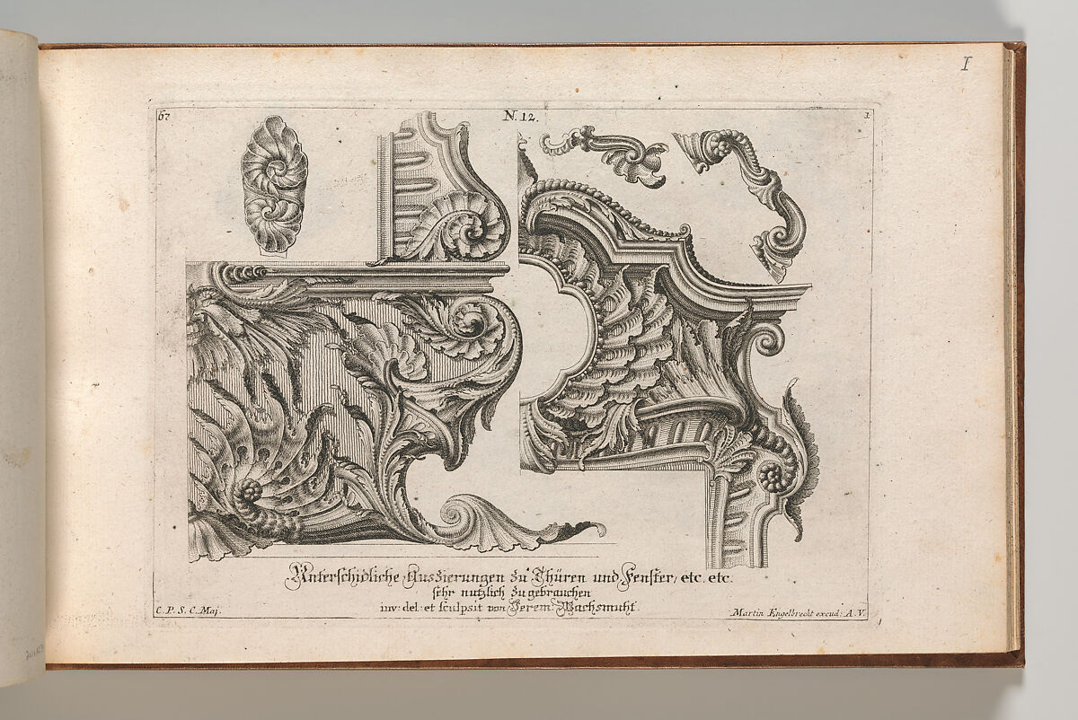 Suggestion for the Decoration of  the Lower and Top Right of a Frame, Plate 1 from: 'Unterschidliche Auszierungen zu Thüren und Fenster, etc. etc. sehr nutzlich zu gebrauchen', Jeremias Wachsmuth (German, 1712–1771), Etching 