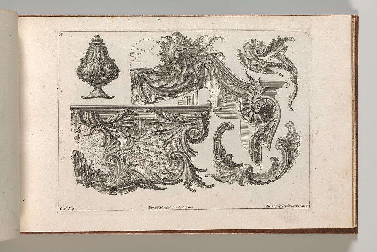 Suggestion for the Decoration of  the Lower and Top Right of a Frame Combined with Several Additional Ornaments, Plate 2 from: 'Unterschidliche Auszierungen zu Thüren und Fenster, etc. etc. sehr nutzlich zu gebrauchen', Jeremias Wachsmuth (German, 1712–1771), Etching 