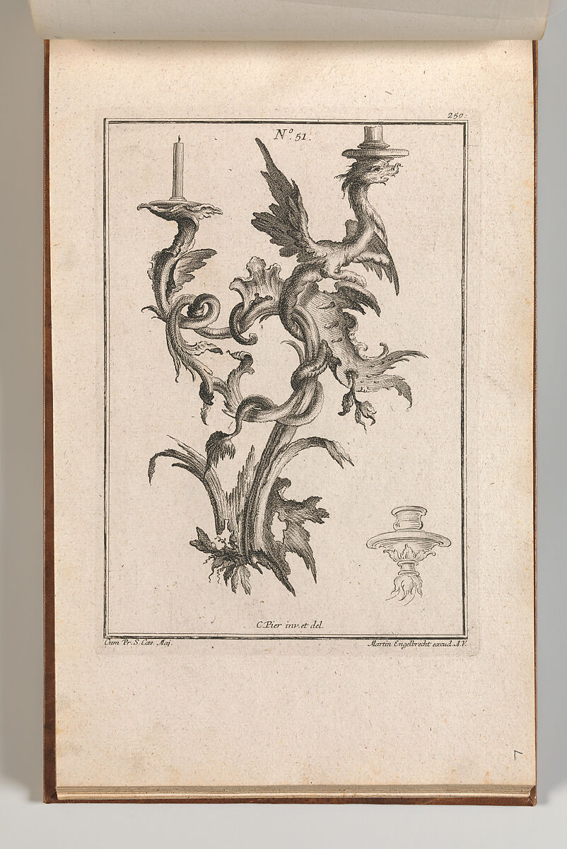 Design for a Two-Armed Candelabra with a Dragon, Plate 1 from an Untitled Series of Designs for Suspended Candelabras, Carl Pier (German, active Augsburg, ca. 1750), Etching 