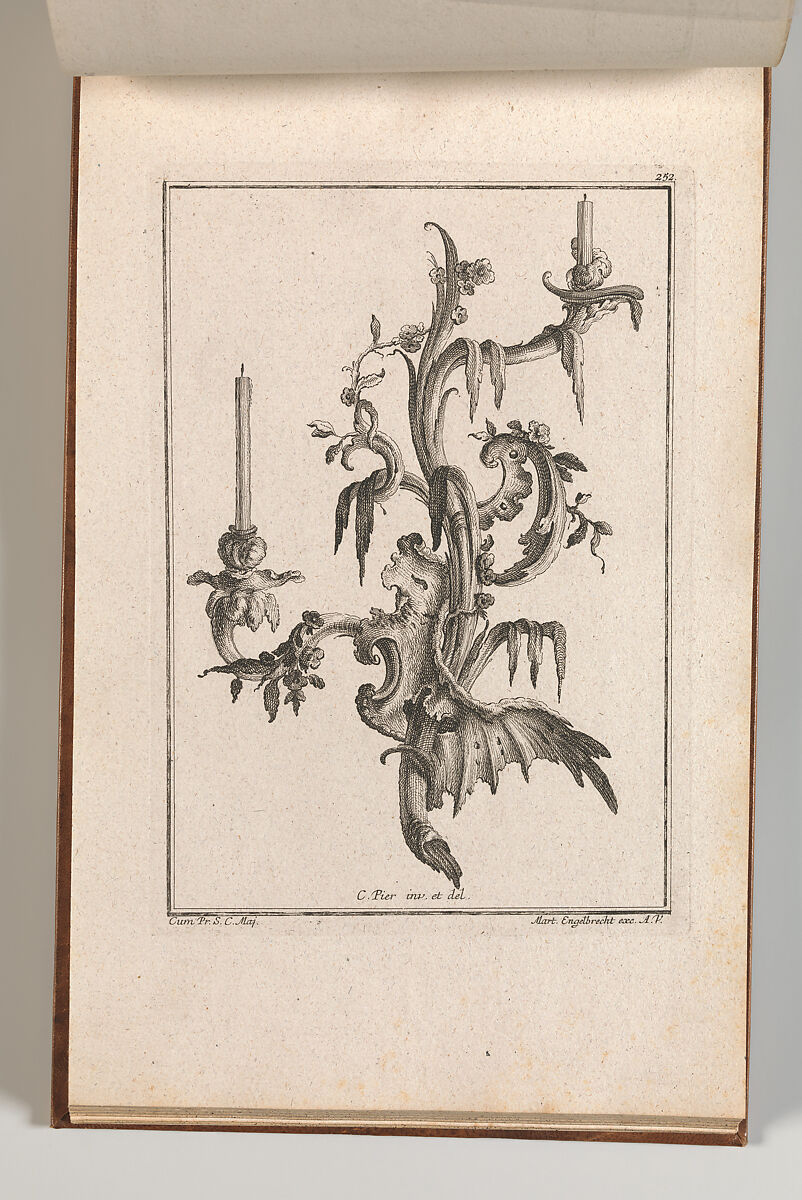 Design for a Two-Armed Candelabra with Rocaille Ornaments and Flowers, Plate 3 from an Untitled Series of Designs for Suspended Candelabra, Carl Pier (German, active Augsburg, ca. 1750), Etching 