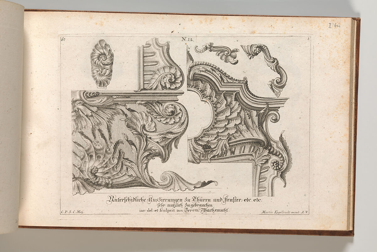 Suggestion for the Decoration of the Lower and Top Right of a Frame, Plate 1 from: 'Unterschidliche Auszierungen zu Thüren und Fenster, etc. etc. sehr nutzlich zu gebrauchen', Jeremias Wachsmuth (German, 1712–1771), Etching 