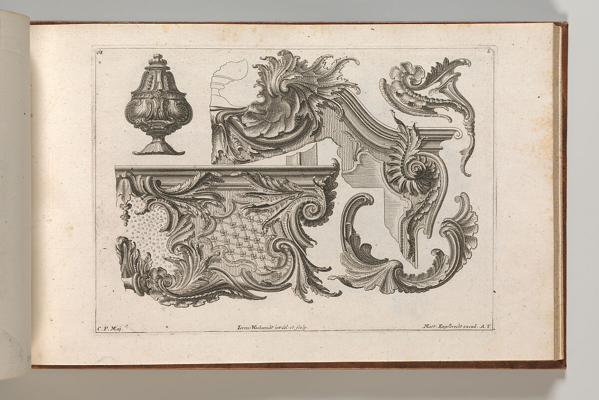 Suggestion for the Decoration of the Lower and Top Right of a Frame Combined with Several Additional Ornaments, Plate 2 from: 'Unterschidliche Auszierungen zu Thüren und Fenster, etc. etc. sehr nutzlich zu gebrauchen', Jeremias Wachsmuth (German, 1712–1771), Etching 