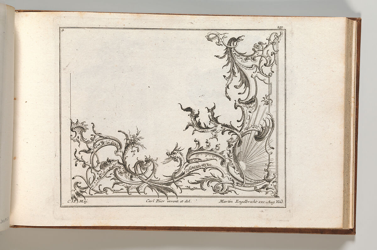 Design for the Decoration of the Lower Right Corner of a Ceiling, Plate 4 from: 'Unterschiedliche neü inventirte Decken oder Plafond.', Carl Pier (German, active Augsburg, ca. 1750), Etching 