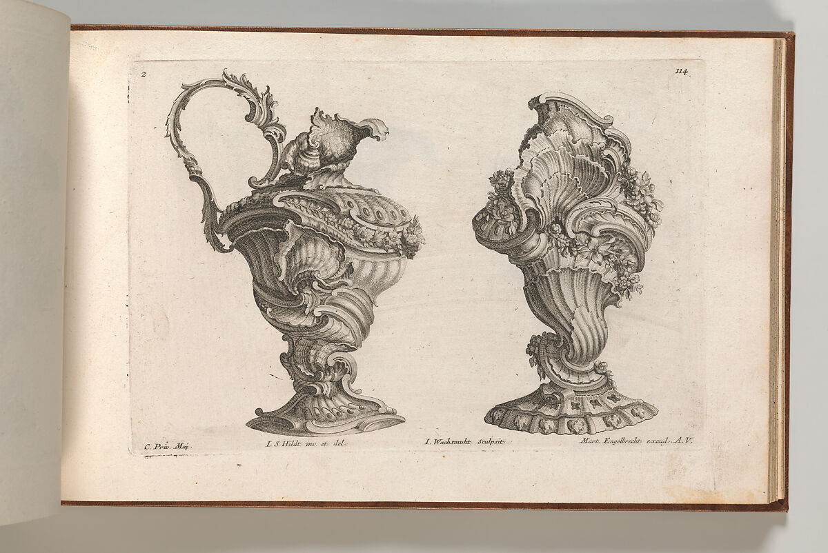 Designs for a Ewer and a Lidded Vase, Plate 2 from: 'Schöne und auf die neueste Facon inventierte Gefäße und Krüge', Jeremias Wachsmuth (German, 1712–1771), Etching 