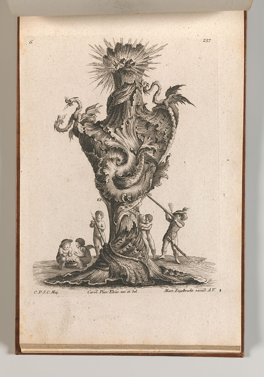 Design for a large Vase representing 'Fire', Plate 6 from: 'Neu inventierte Vasi auf die neueste manier', Jacob Gottlieb Thelot (German, Augsburg 1708–1760 Augsburg), Etching 