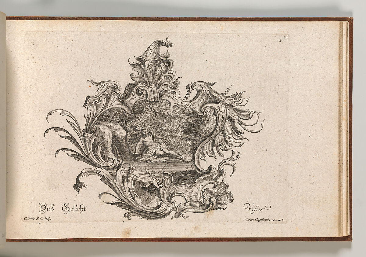 Design for a Cartouche and Representation of 'Sight', Plate 2 from 'Neu Inventierte auf die artigste Facon Sehr nutzliche Schild.', Johann Georg Pintz (German, 1697–1767), Etching 