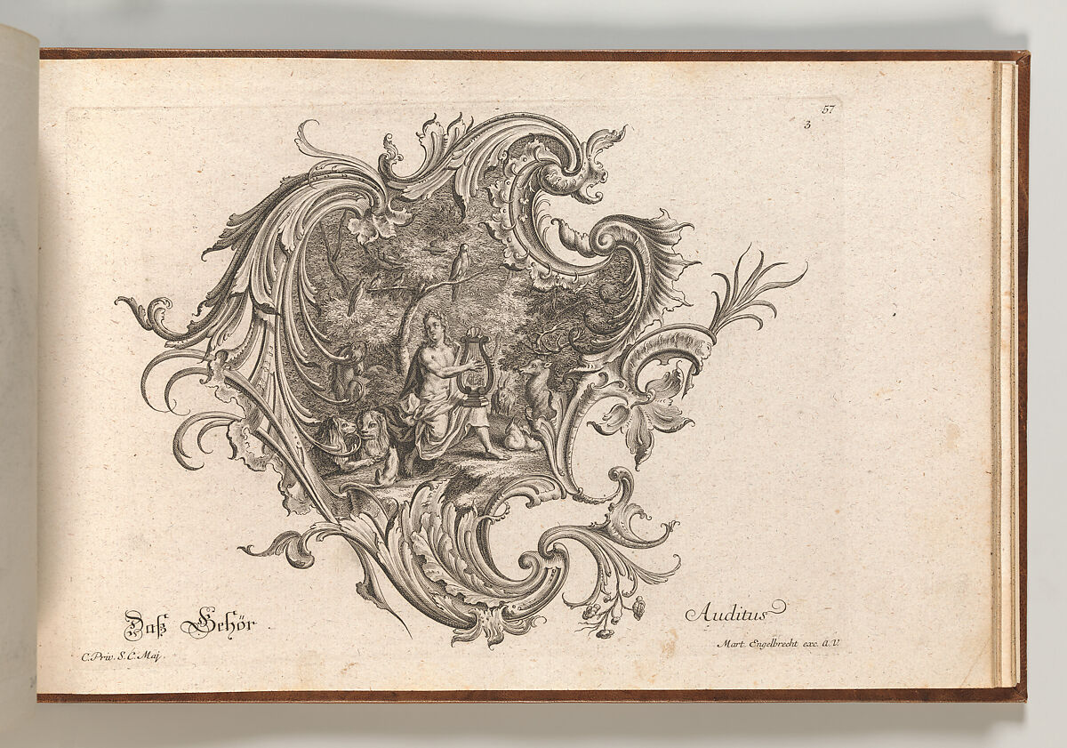 Design for a Cartouche and Representation of 'Hearing', Plate 3 from 'Neu Inventierte auf die artigste Facon Sehr nutzliche Schild.', Johann Georg Pintz (German, 1697–1767), Etching 