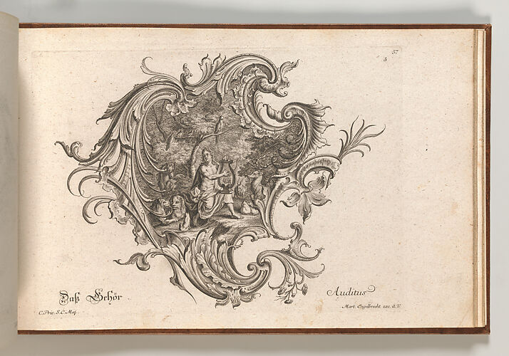 Design for a Cartouche and Representation of 'Hearing', Plate 3 from 'Neu Inventierte auf die artigste Facon Sehr nutzliche Schild.'
