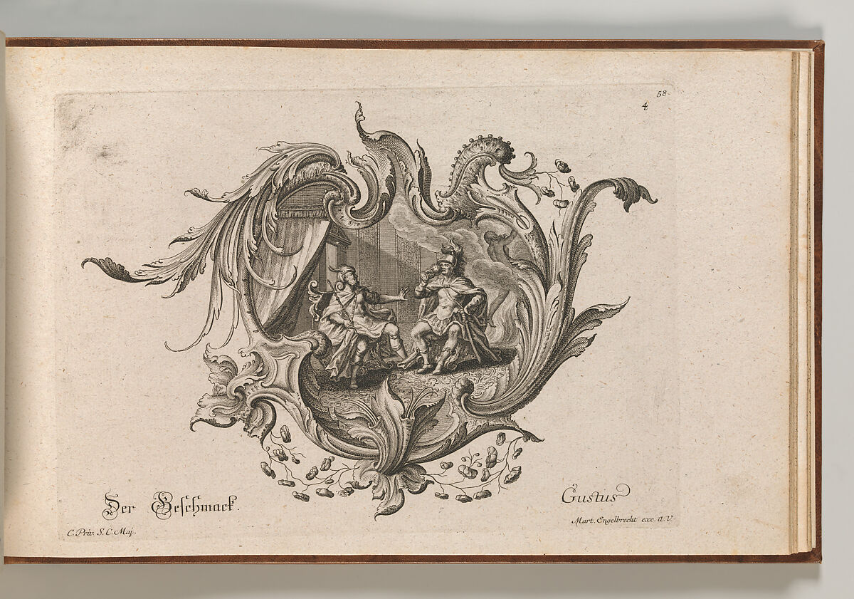 Design for a Cartouche and a Representation of 'Taste', Plate 4 from 'Neu Inventierte auf die artigste Facon Sehr nutzliche Schild.', Johann Georg Pintz (German, 1697–1767), Etching 