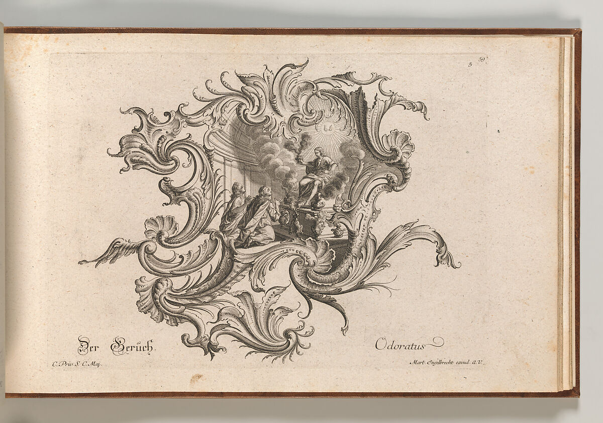 Design for a Cartouche and Representation of 'Smell', Plate 5 from 'Neu Inventierte auf die artigste Facon Sehr nutzliche Schild.', Johann Georg Pintz (German, 1697–1767), Etching 