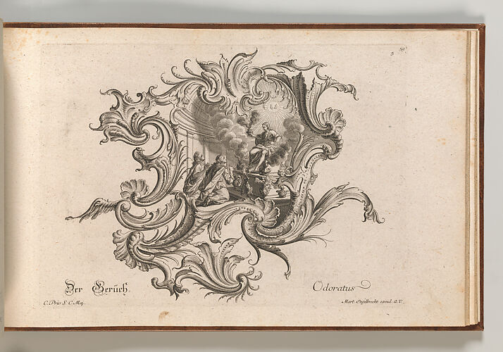 Design for a Cartouche and Representation of 'Smell', Plate 5 from 'Neu Inventierte auf die artigste Facon Sehr nutzliche Schild.'