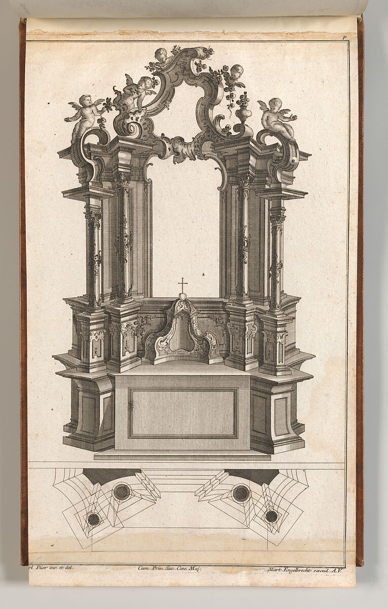 Design for a Monumental Altar, Plate 'p' from 'Unterschiedliche Neu Inventierte Altäre mit darzu gehörigen Profillen u. Grundrißen.', Jacob Gottlieb Thelot (German, Augsburg 1708–1760 Augsburg) (?), Etching 