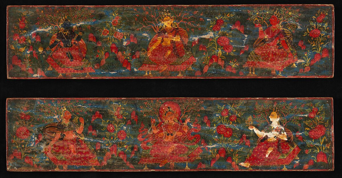 Pair of Manuscript Covers with Goddesses Set in a Foliate Landscape, Distemper on wood, Nepal (Kathmandu Valley) 