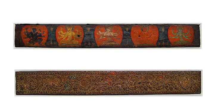 Manuscript Cover with Four Vidyadevis Accompanied by a Protective Deity, Distemper on wood; repoussé gilt-copper cover, Nepal (Kathmandu Valley) 