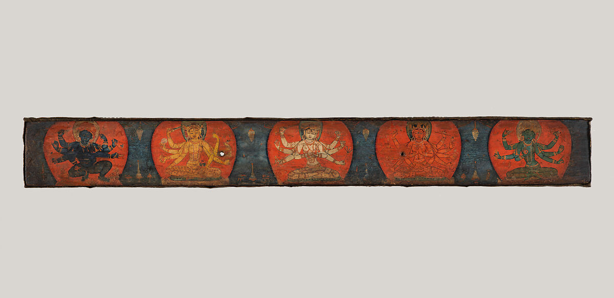 Manuscript Cover with Four Vidyadevis Accompanied by a Protective Deity, Distemper on wood; repoussé gilt-copper cover, Nepal (Kathmandu Valley)