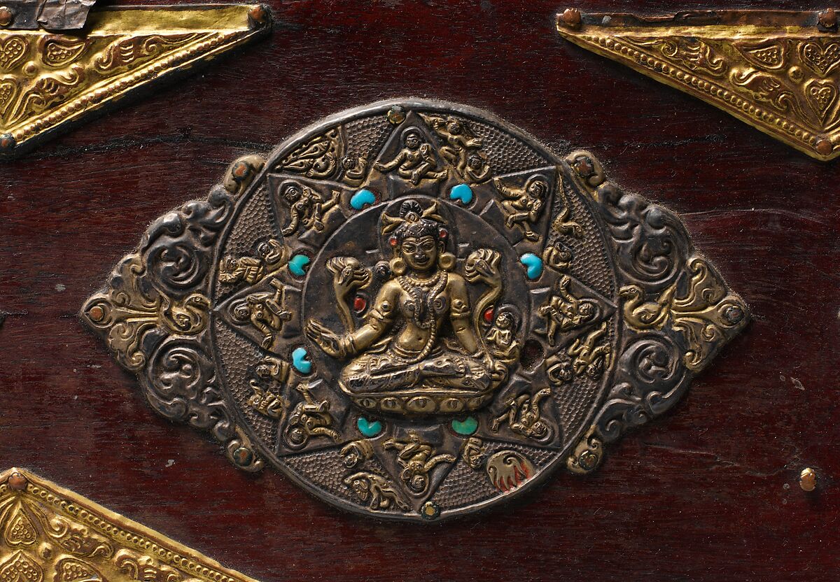 Pair of Book Covers for a Buddhist Text, Wood with traces of paint; decorative mounts of silver with gilt semiprecious stones, and gilt-copper alloy, North India and Tibet