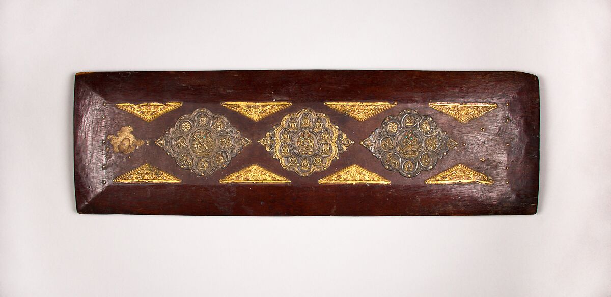 Pair of Book Covers for a Buddhist Text, Wood with traces of paint; decorative mounts of silver with gilt semiprecious stones, and gilt-copper alloy, North India and Tibet