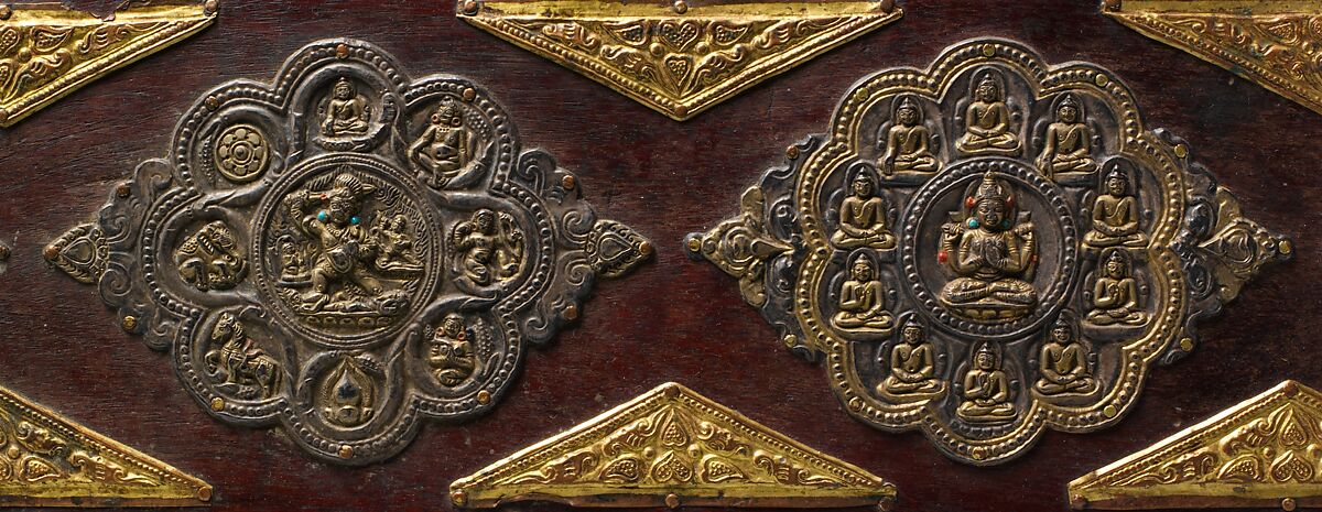 Pair of Book Covers for a Buddhist Text, Wood with traces of paint; decorative mounts of silver with gilt semiprecious stones, and gilt-copper alloy, North India and Tibet