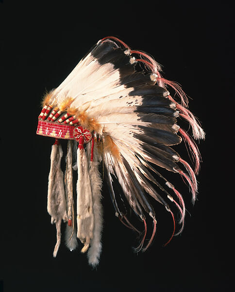 Feather headdress, Unrecorded Lakota (Sioux) artist, Eagle feathers, down, felt, porcupine quills, red cloth, glass beads, yarn, ermine skins, horsehair, Lakota (Sioux) 