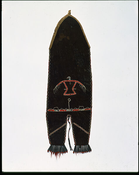 Bag with thunderbird, Unrecorded Anishinaabe (Ojibwa) artist, Black-dyed deerskin, porcupine quills, silk binding, hair tassels, tin cones, Anishinaabe (Ojibwa) 