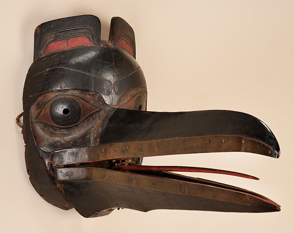 Raven Mask, Unrecorded Haida artist, Yellow cedar, copper, paint, skin straps, Haida 