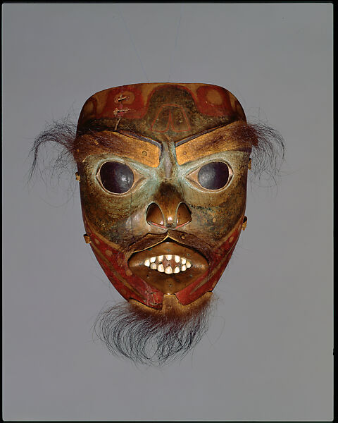 Shaman's mask, Unrecorded Tlingit artist, Alder wood, copper, bear skin, red turban snail opercula, leather, paint, Tlingit 