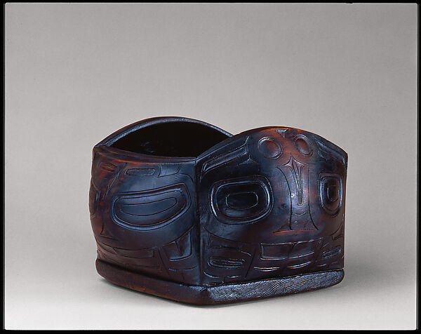 Bent-corner dish, Unrecorded Tlingit or Tsimshian artist, Yew, red cedar, fiber cordage , Tlingit or Tsimshian 