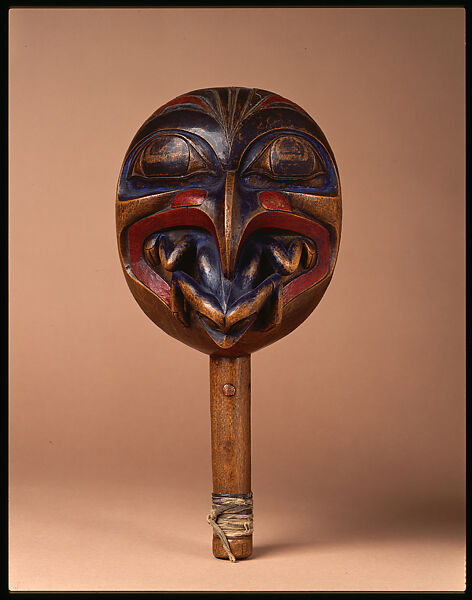 Rattle, Unrecorded Haida artist, Alder or birch, paint, cotton cloth, copper nail, pebbles, Haida 