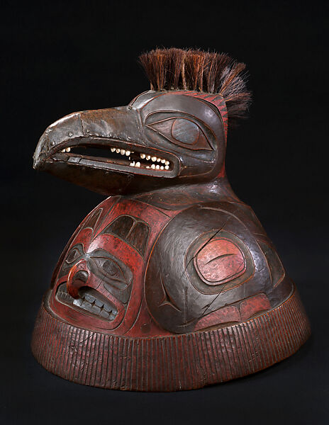 War helmet, Unrecorded Tlingit artist, Wood, copper, paint, human hair, opercula, leather, twine, Tlingit 