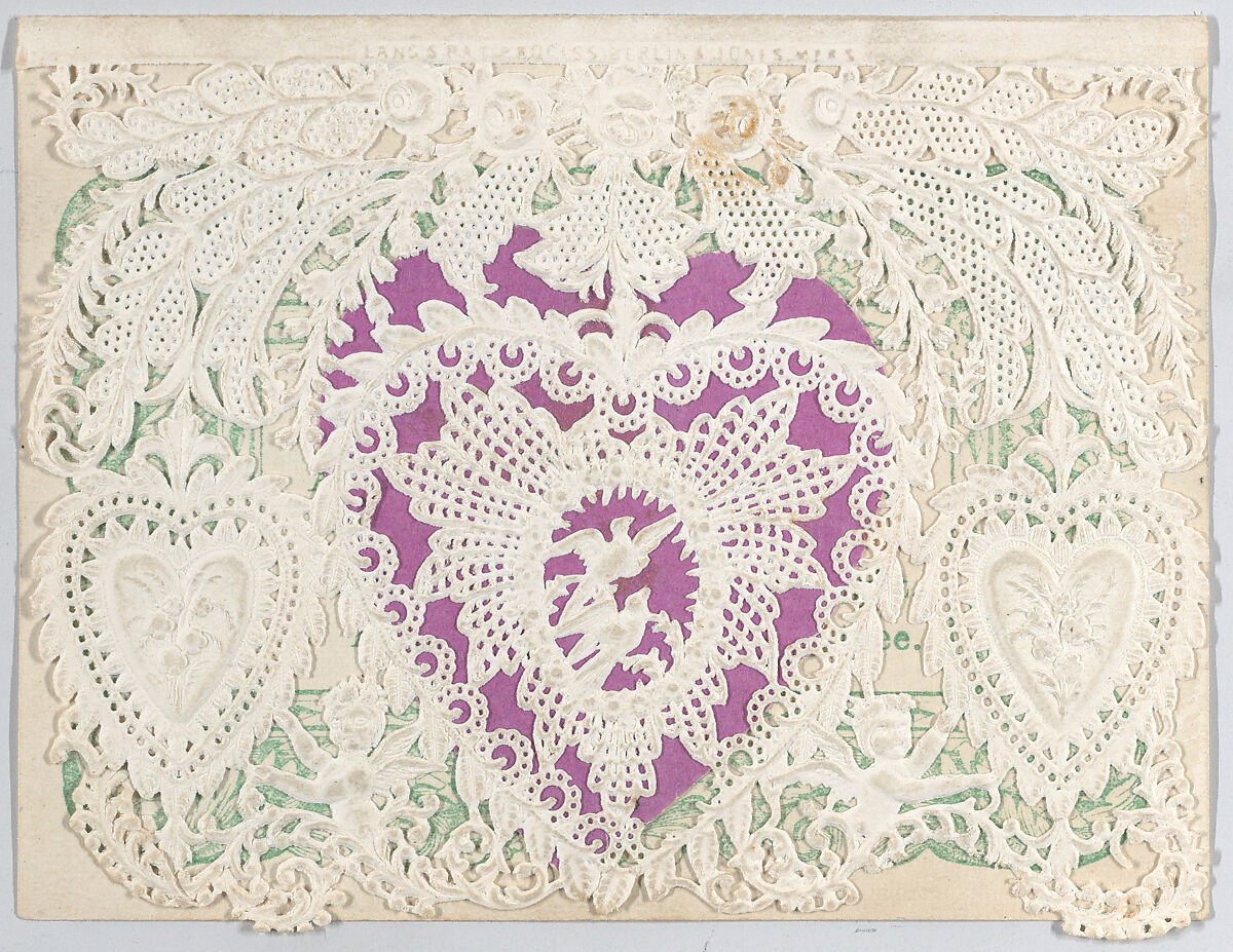 Valentine, Anonymous, Cameo-embossed, open-work lace paper, colored paper, green ink 