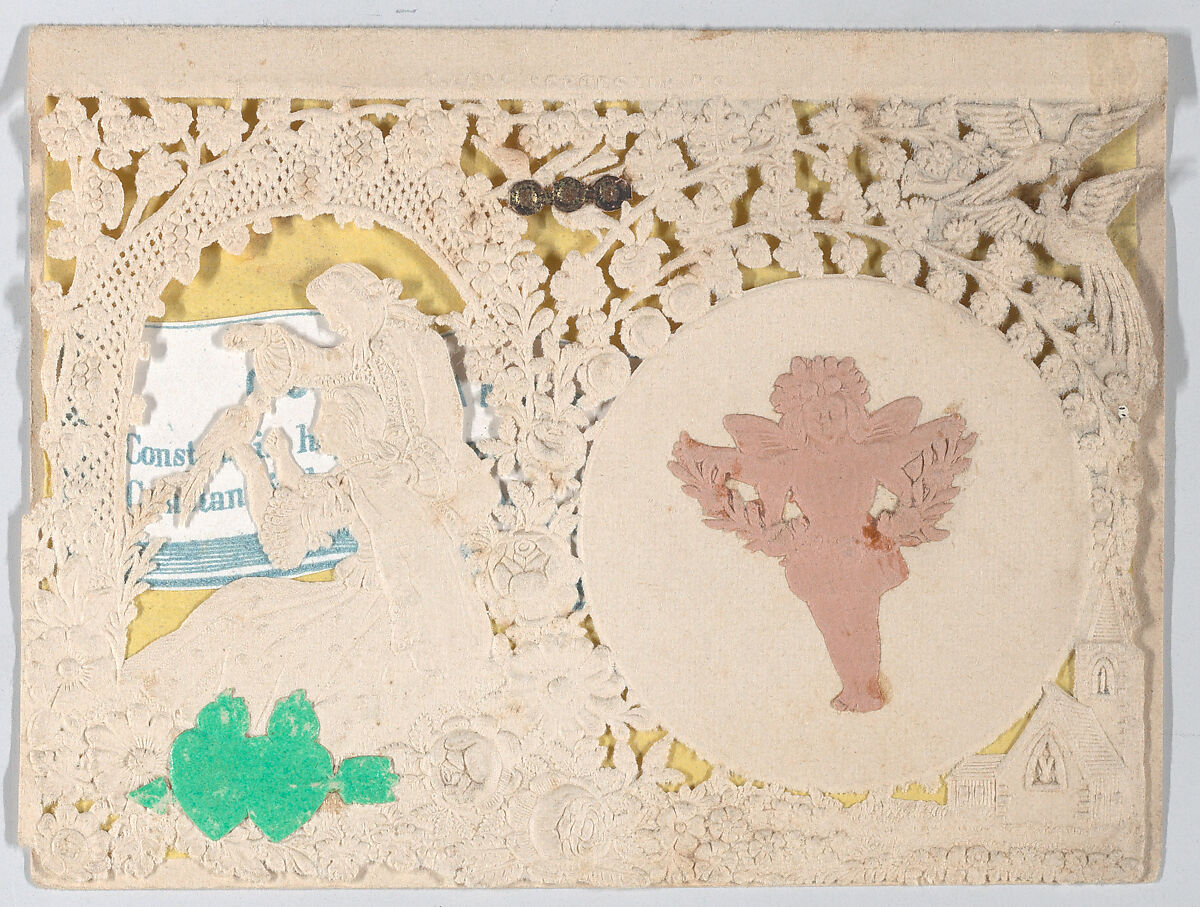 Valentine, Anonymous, Cameo-embossed, open-work lace paper, colored paper,  ink 
