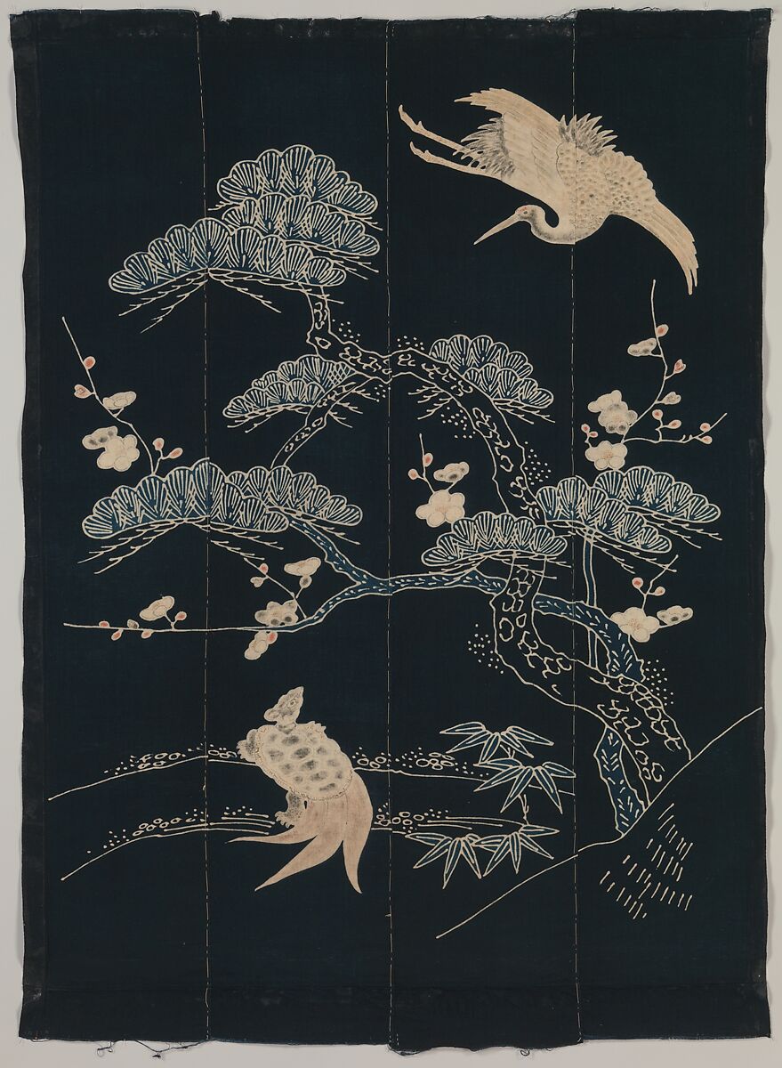 Futon Cover with Turtle, Crane, Pine, Plum, and Bamboo, Cotton, Japan 