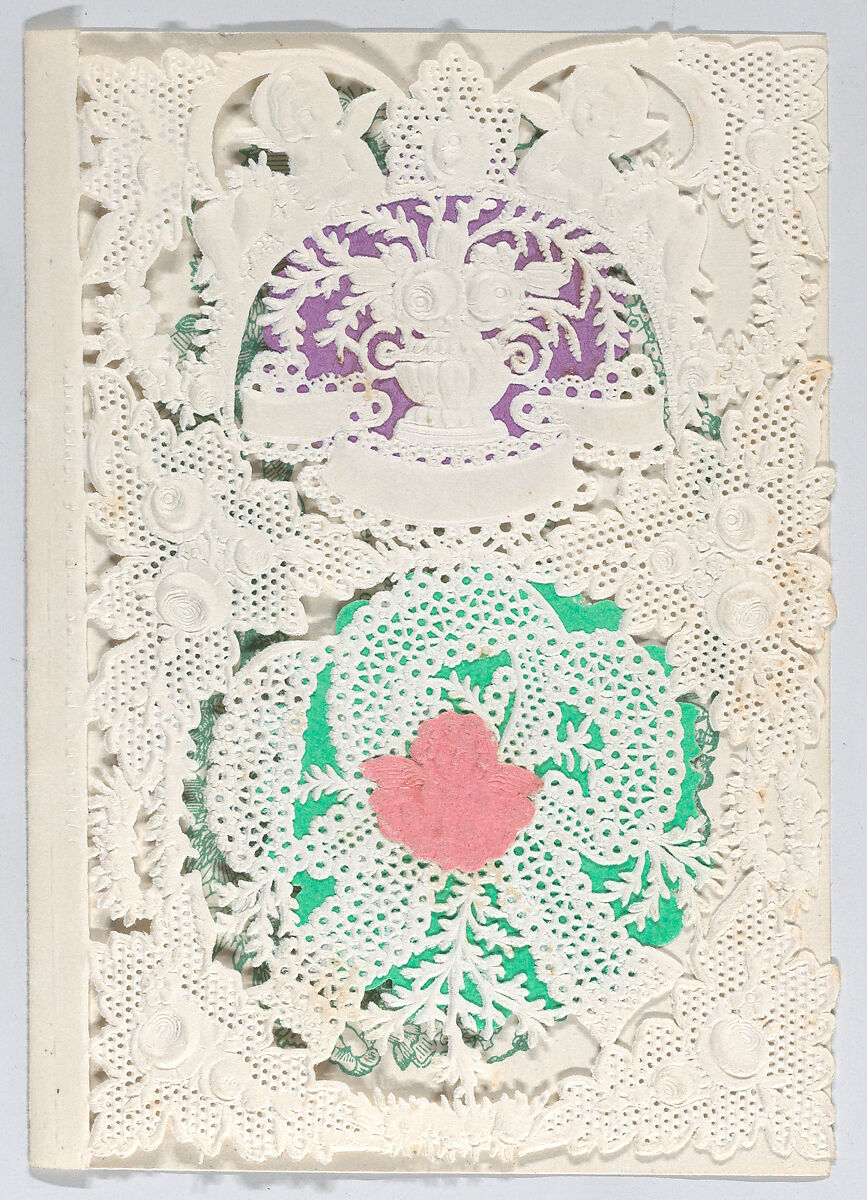 Valentine, Anonymous, Cameo-embossed, open-work lace paper, colored paper,  ink 