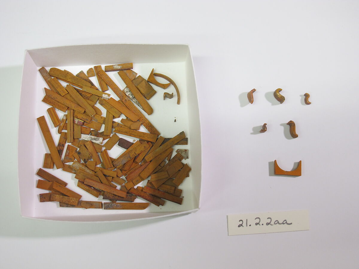 Inlay elements from shrine: Box of bars and various inlays, Glass