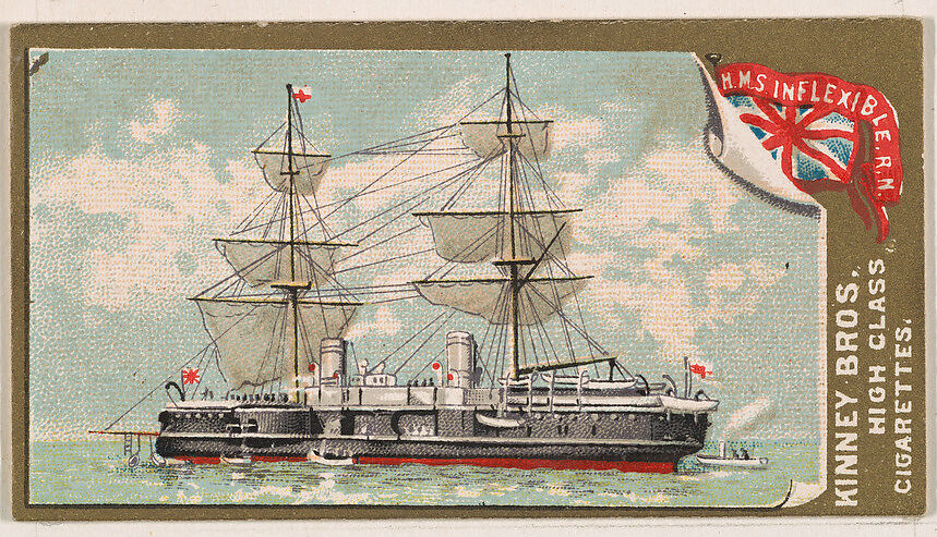 H.M.S. Inflexible, Royal Navy, from the Naval Vessels of the World series (N226) issued by Kinney Bros., Issued by Kinney Brothers Tobacco Company, Commercial color lithograph 