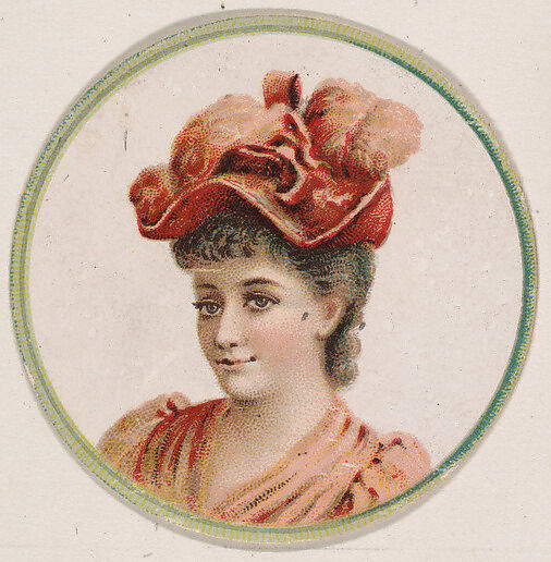 Woman wearing hat with pink feathers, from the Novelties series (N228, Type 2) issued by Kinney Bros., Issued by Kinney Brothers Tobacco Company, Commercial color lithograph 