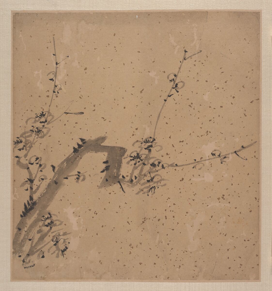 Blossoming Plum, Tang Yifen (Chinese, 1778–1853), Four album leaves; ink on gold-flecked paper, China