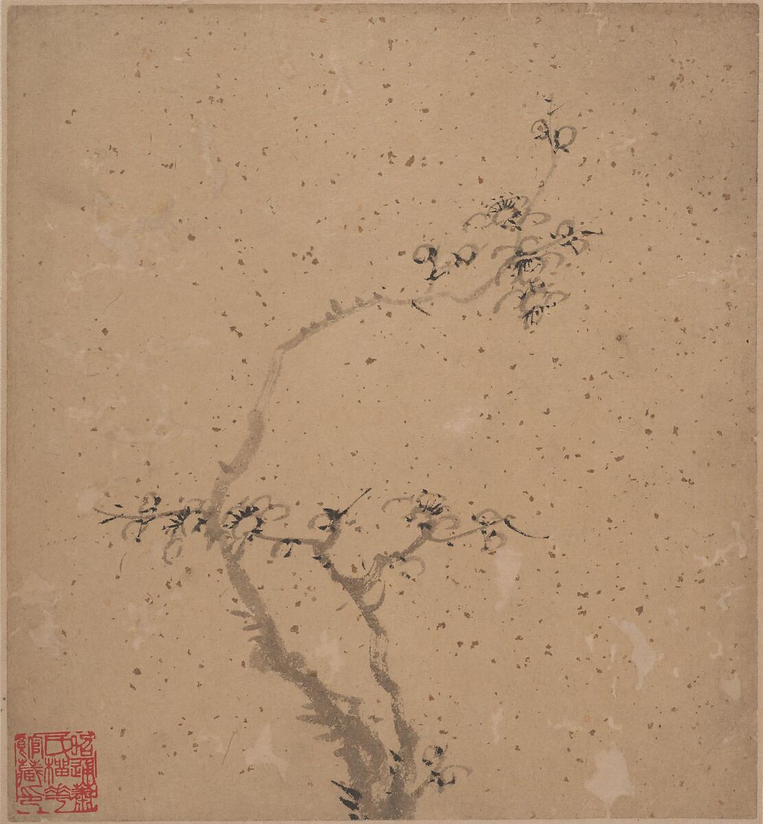 Blossoming Plum, Tang Yifen (Chinese, 1778–1853), Four album leaves; ink on gold-flecked paper, China 