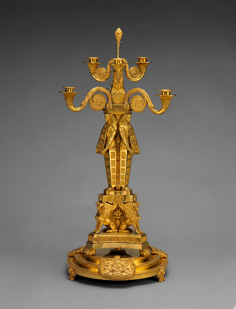 Egyptomania candelabrum (one of a pair), Alexis Decaix (British, active 1778–1811), Gilded bronze, British 