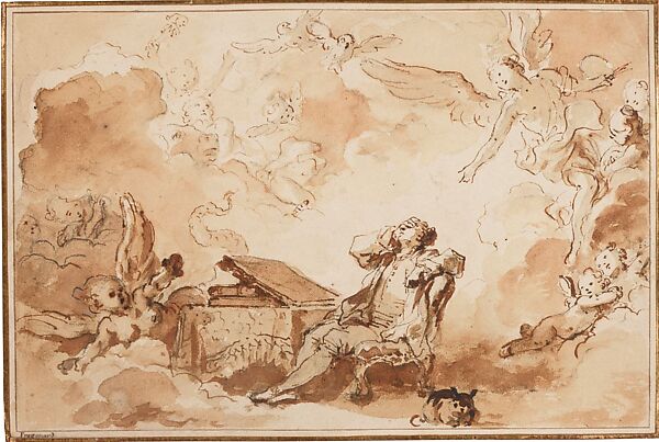 The Inspiration of the Artist, Jean Honoré Fragonard (French, Grasse 1732–1806 Paris), Pen, brown ink, and wash over black chalk within pen and brown ink framing lines 
