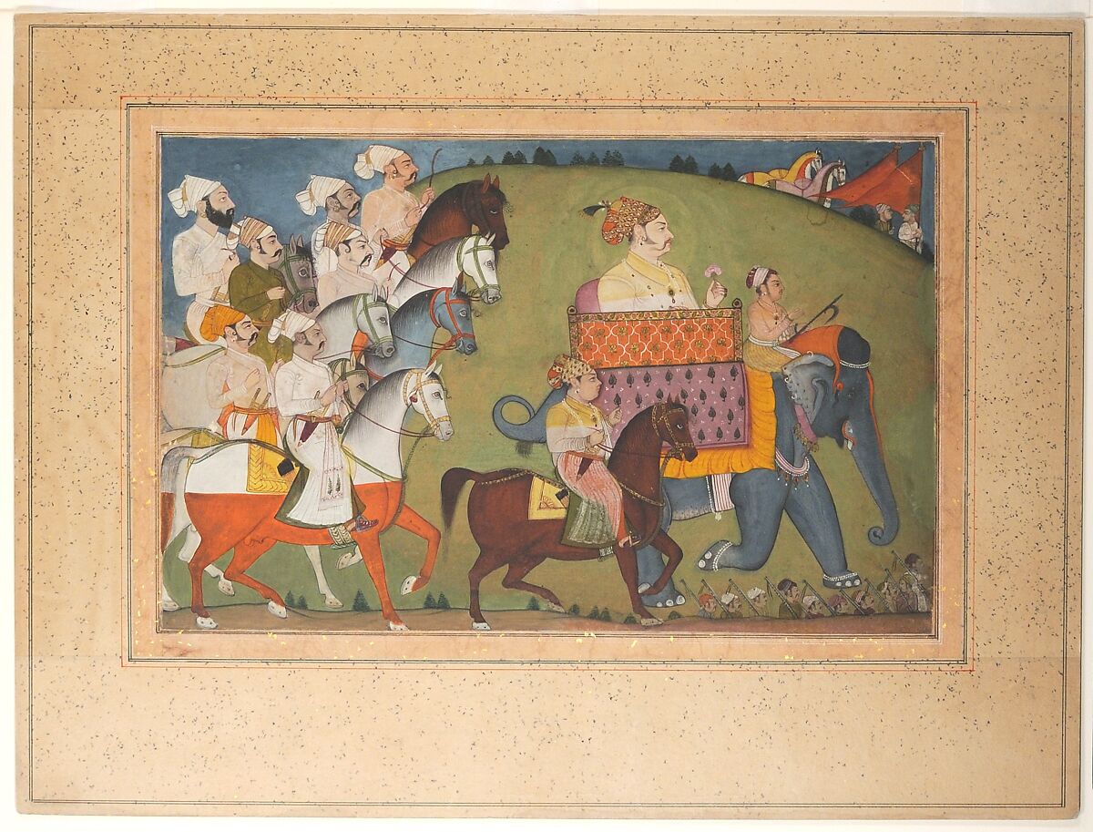 Maharaja Raj Singh in Procession with Members of His Court, Attributed to Nihal Chand, Ink, opaque watercolor, and gold on paper, India (Rajasthan, Junia)